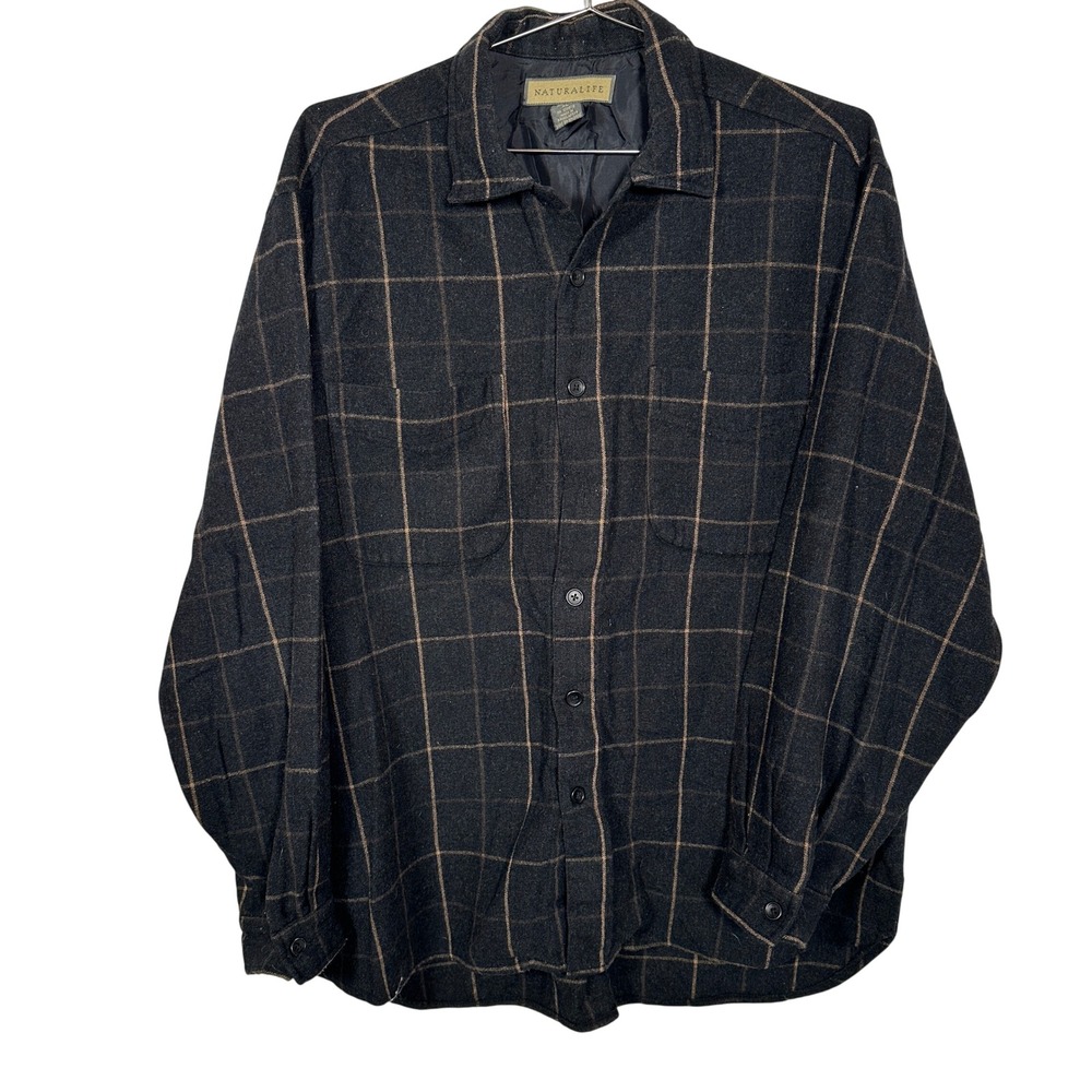 Naturalife Mens Wool‎ Blend Windowpane Plaid Lined Shirt Jacket Charcoal Gray XL